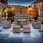 Luxury High Back Outdoor Furniture with 6-inch Extra Thick Cushions, Patio Furniture Set with Fire Pit Table & Swivel Chairs, 7 PCS Wicker Conversation Set for Yard, Deck, Poolside, Brown/Grey