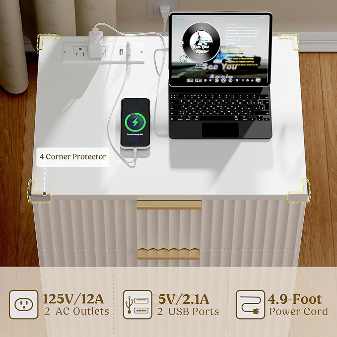 Lulive Wood Nightstand Set of 2 Fluted Dresser for Bedroom 3 Drawers Night Stand with Charging Station, Storage Modern Side Table White