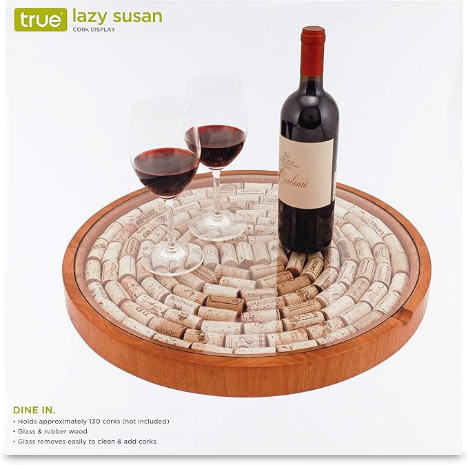 True Wine Cork Collector Lazy Susan Turntable, Wooden and Glass Storage for 130 Corks, Tabletop or Countertop Organization, Set of 1