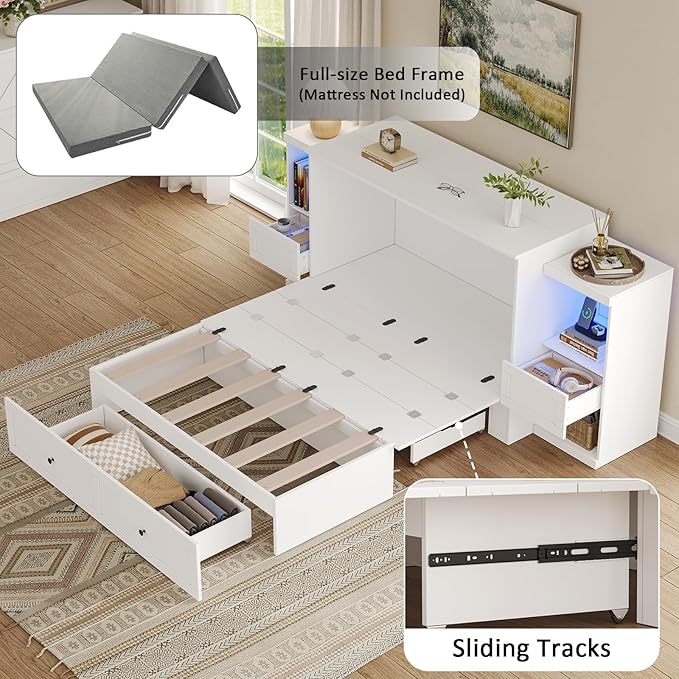 Full Size Murphy Bed with Bedside Tables,Full Size Foldable Cabinet Bed Frame with Charging Station & Drawer,Murphy Bed Chest with Adjustable LED Light for Bedroom,Guest Room,White