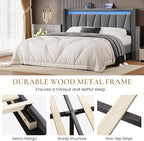 SHA CERLIN Queen Bed Frame with Charging Station and LED Lights, Modern Velvet Platform Bed with Upholstered Geometric Wingback Headboard, No Box Spring Needed, Easy Assembly, Grey