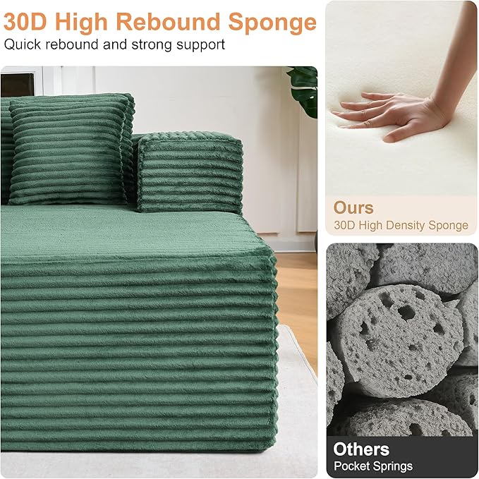 Modular Sectional Sofa, L Shaped Comfy Cloud Couch with Deep Seat, Boneless Couch for Living Room, Modern Sectional Sleeper with Chaise, No Assembly Required, Sofa in A Box, Green Corduroy