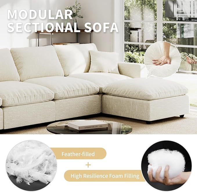 Cloud Couches Linen Sleeper Sofa Bed,Modern Sectional Sofa Couch for Living Room,Cushion Covers Removable,Cozy Feather Down Sofa for Apartment Beige