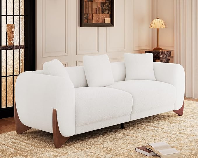 Morden Fort 3 Piece Cloud Couch Set, Modern Sherpa Boucle Sofa Set with Wood Legs, Skin-Friendly Minimalist Upholstered Comfy Couch Sofas for Living Room, 3-Seater Sofa & 2 Chairs, Off White