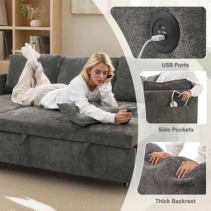 FLEXISPOT XB5 78" Pull Out Couch Bed with Storage Chaise,3-Seater Sectional Sofa Bed with USB Charging Ports, 2-in-1 Convertible Sofa Couch for Living Room Apartment, Easy to Assemble(Gray)