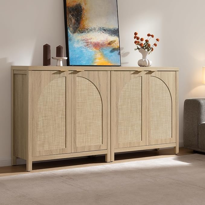 SICOTAS 102"W Rattan Sideboard Buffet Cabinet Set of 3, Mid Century Modern Credenza Storage Cabinet with Arch Doors & Shelves Boho Coffee Bar Media Console Cabinets for Kitchen, Living Room, Entryway