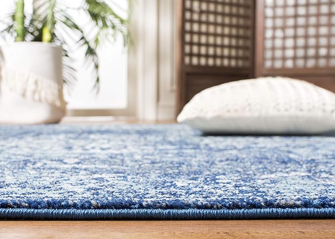 SAFAVIEH Evoke Collection Area Rug - 9' Square, Navy & Ivory, Distressed Design, Non-Shedding & Easy to Clean, Ideal for Living Room, Bedroom, Dining Space (EVK256A)