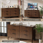 55" Wide Fluted 6 Drawer Dresser for Bedroom, Wooden Dresser Modern Chest of Drawers TV Stand Dressers with Organizer Storage for Bedroom, Living Room, Entryway, Hallway, Walnut