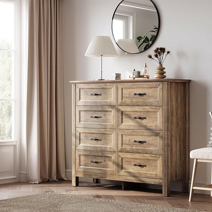 LINSY HOME Updated Dresser for Bedroom with 8 Drawers, Wide Chest of Drawers, Wooden Bedroom Dresser with 1 pcs Fabric Divider Organizer, Storage Organizer for Closet, Living Room, Rustic Oak