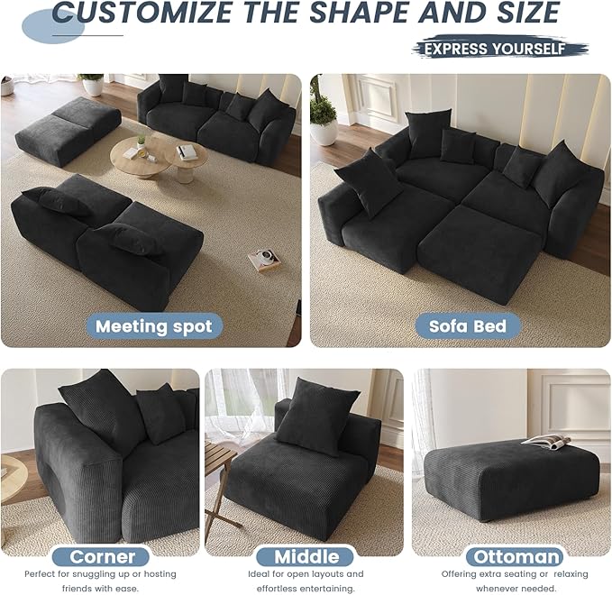 WJShome Cloud Couch Modular Sectional Sofa,181.1inch U Shaped Couch,Oversized Corduroy Couches with Ottoman and 6 Pillows,Black 6 Seater,Cushion Covers Removable& Washable