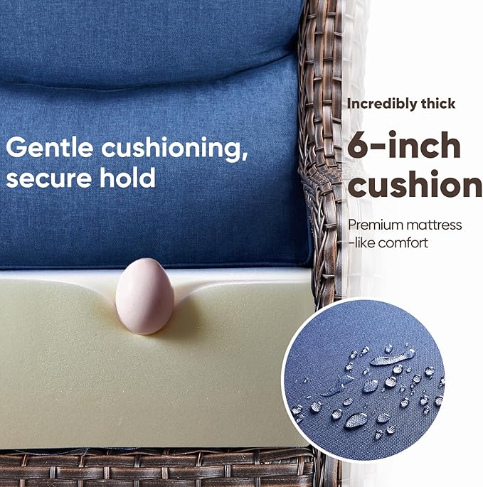 Swivel Patio Chairs Set of 2 with 6" Thick Cushion - Wicker Outdoor Swivel Rocker Patio Chairs, High Back Comfortable Outdoor Glider Chairs - Brown Wicker | Blue Cushion