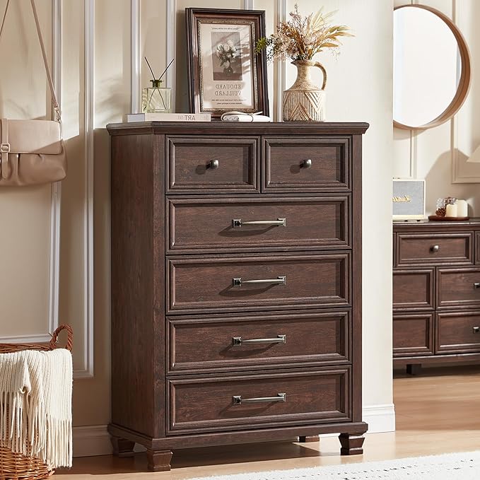 Farmhouse Bedroom Dresser and Nightstand Set of 4, 6 Drawer Tall & Low Dresser & 2 Drawer Nightstand Set, Rustic Wood Bedroom Furniture Set for Livingroom, Hallway, Walnut
