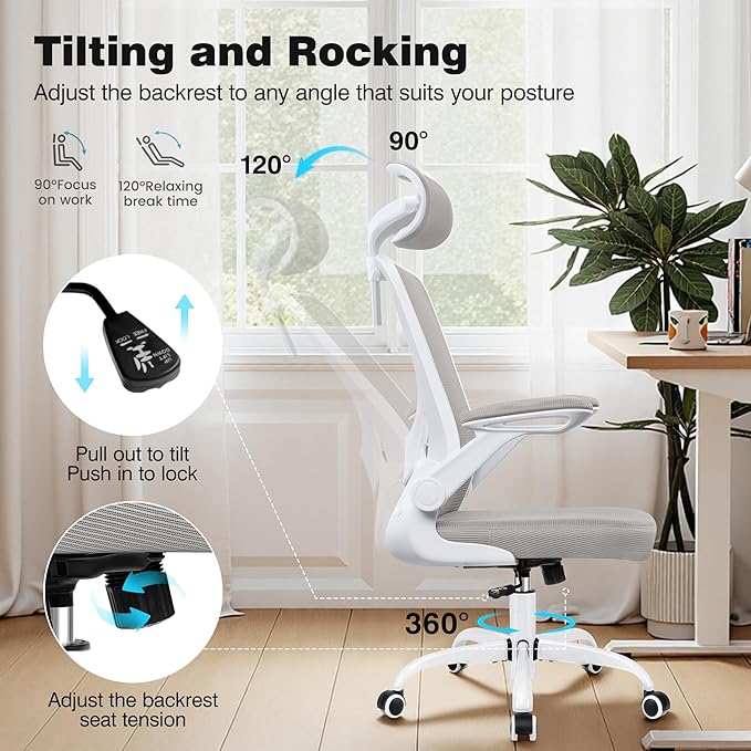 High Back Ergonomic Office Chair, Home Office Mesh Desk Chairs with Lumbar Support, Flip-up Armrests, Swivel Computer Chair for Gaming, Light Gray