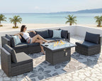 NICESOUL 29.3'' High Back Outdoor Patio Sectional Furniture Sofa Set with Fire Pit Table Natural Gas/Propane, 7 Piece Luxury Extra-Large Wicker Conversation, Deep Wide Couches for Backyard, Dark Gray
