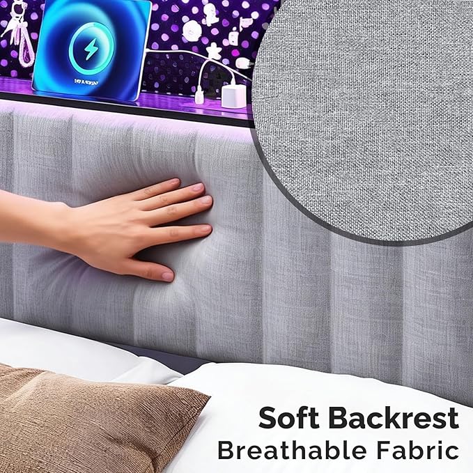 VINGLI Full Size Headboard Only, Adjustable Upholstered Headboard with 2 Tier Shelves and Pegboard with Charging Stations and LED Lights, Modern Bed Headboard with Storage for Bedroom Decor
