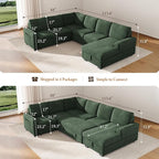 Vesgantti 113.6" Modular Sectional Sofa with Pull Out Couch Bed, 7 Seater U Shaped Sleeper Sofa with Storage Chaise, Chenille Sectional Couch for Living Room, Bedroom, Apartment, Green