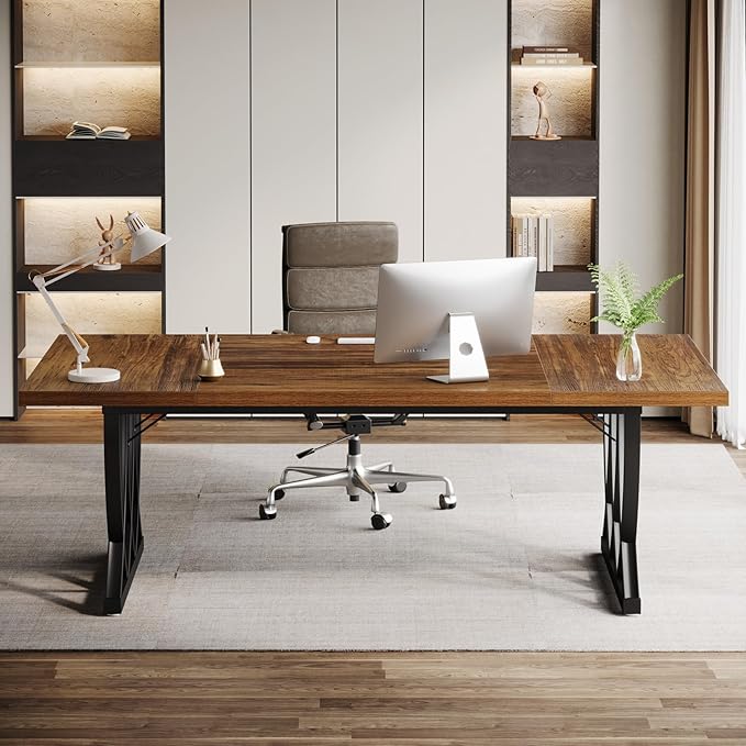 Tribesigns 70.86-Inch Executive Desk, Large Home Office Desk Computer Desk with Thick Metal Frame, Rectangle Study Writing Table Workstation for Home Office (Retro Brown & Black)