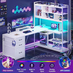 SEDETA L Shaped Computer Desk, 58'' Office Desk with 3 Drawers and Bookshelf, L Shaped Corner Desk with Storage Shelves and LED Light for Home Office, Gaming Desk, L Desk, White