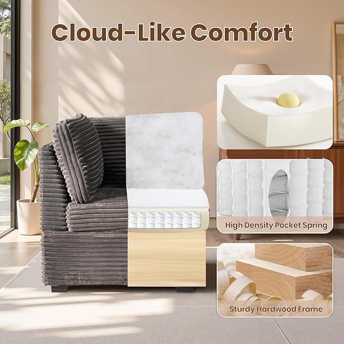 32.7'' Corner Seat for Modular Sectional Sofa, Deep Seat Upholstered Convertible Sleeper Sofas, L/U/V Shaped Plush Corduroy Cloud Couch for Living Room Apartment, Grey