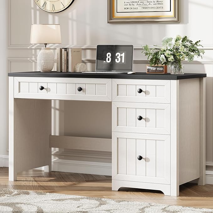 Vabches Farmhouse Executive Desk with 4 Drawers, Home Office Desk with Storage Cabinet and File Drawer, Wood Computer Desk with Storage, Rustic Office Desk for Work Study Writing, Black White
