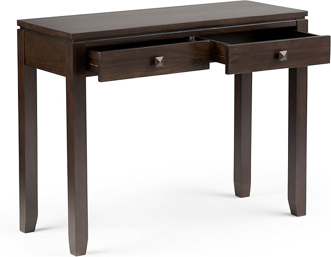 SIMPLIHOME Cosmopolitan Console Table - 38 Inch Wide Solid Wood Sofa Table in Mahogany Brown, Contemporary Compact Storage Table for Entryway or Living Room with 2 Drawers and Tapered Legs