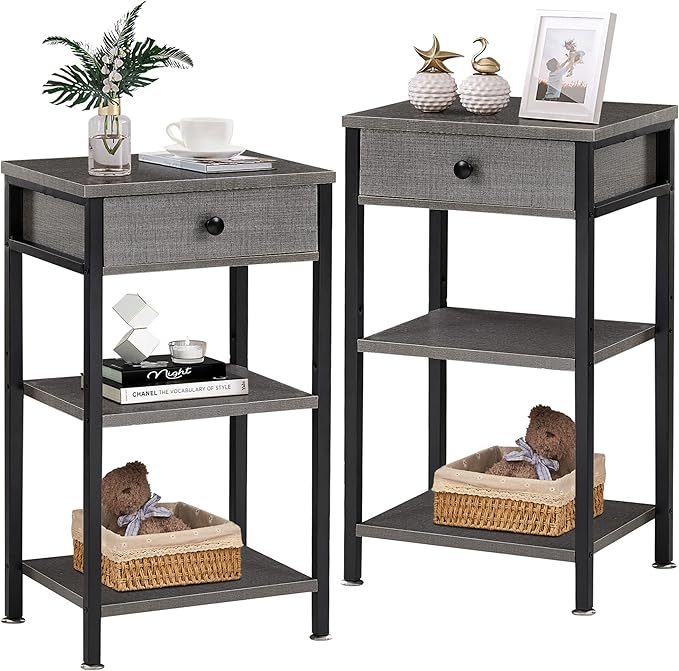 VECELO Tall End Table Set of 2,Nightstand with Drawer and Adjustable Storage Shelf,27.6 inch Side Table for Living Room/Bedroom/Entryway Small Spaces