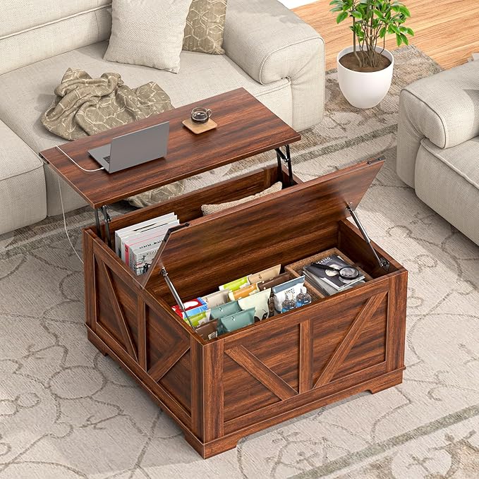 31.5'' Lift Top Coffee Table, Wood Square Farmhouse Coffee Table with Storage, Built in Outlet Center Table for Living Room, Small Spaces, Home