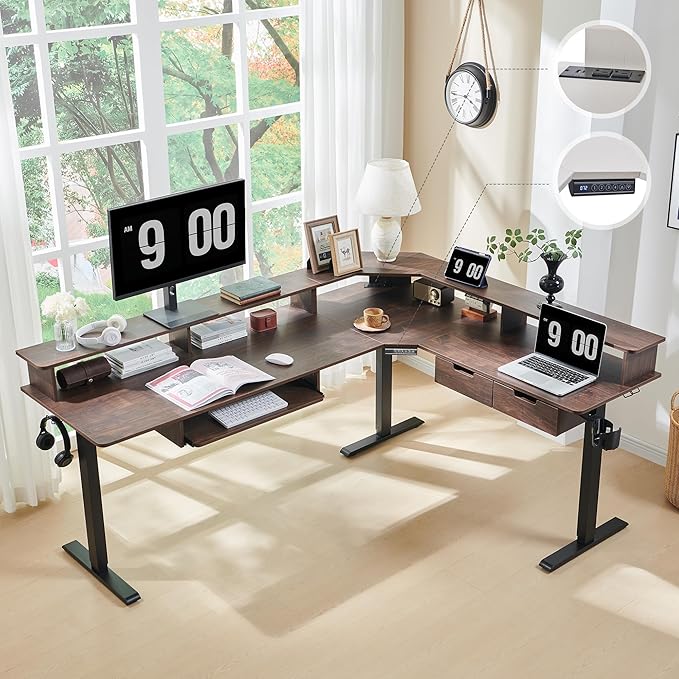 RedLemon 75X60 Inches L Shaped Electric Standing Desk, Height Adjustable Corner Gaming Desk with Drawers, Keyboard Tray, Power Outlets & LED Lights, Computer Desk with Monitor Shelf, Dark Walnut