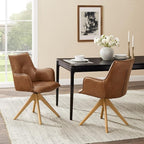 Art Leon Mid Century Swivel Chair - Genuine Leather Upholstered Desk Chair No Wheels, Accent Armchair with Oak Wood Legs for Small Space Living Room Bedroom, Set of 2, Brown