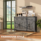 55" Sideboard Buffet Cabinet with Storage, Coffee Bar Cabinet with 2 Drawers and 4 Barn Doors, Long Storage Cabinet Modern Farmhouse, Grey Wood, for Kitchen, Dining Room, Living Room