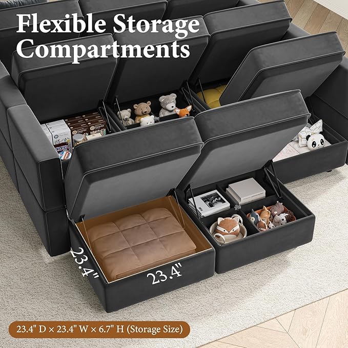 Vesgantti Sectional Sleeper Sofas with Storage, 92" Sofa Bed with 6 Seats Storage Chaises Removeble Cover, Deep Seat Modular Couches Velvet Couch Set for Living Room, Apartment, Home Theatre, Gray
