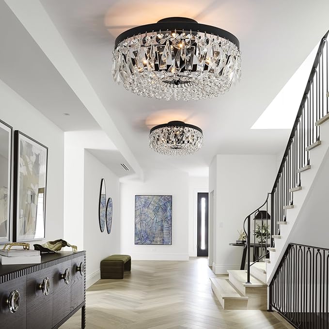 Veronie Crystal Ceiling Light Fixture, 4-Light Modern Semi Flush Mount Ceiling Light, Black Lighting Fixtures Lamp for Hallway, Kitchen, Entryway, Bedroom, Laundry Room