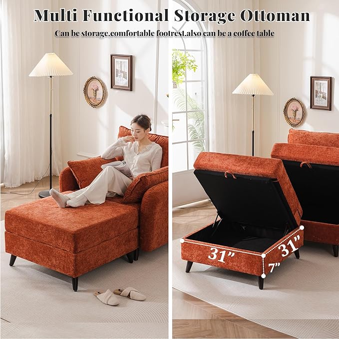 Oversized Accent Chair with Ottoman,All Seats Storage,Comfy Armchair,24.5'' Deep Seat,Upholstered Living Room Chairs,Reading Chair,Lounge Chair for Bedroom,Office,Chenille,Orange