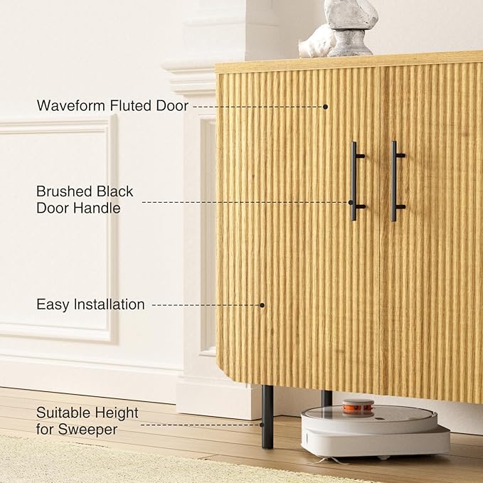 Modern Fluted Natural Storage Cabinet with 2 Doors, Adjustable Shelves, and Metal Legs, Accent Buffet Sideboard for Living Room, Dining Room, Entryway (Natural & Black)