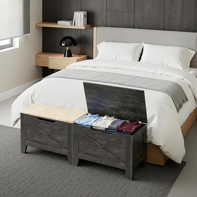 VECELO 30" Storage Bench, Entryway Shoe Ottoman, Farmhouse Style Bench with Handwoven Cushion and Metal Safety Hinges, for Bedroom, Living Room, Entryway, Gray