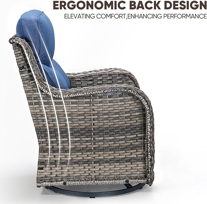 Swivel Patio Chairs sofa Set of 9 with 6" Thick Cushion - Wicker Outdoor Swivel Rocker Patio Chair ,Sofa/Glass coffee table, High Back Comfortable Outdoor Glider Chairs - Gery Wicker | Blue Cushions