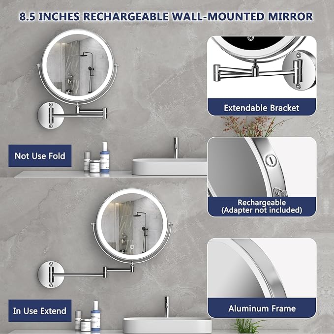 Hasipu 8.5-Inch Wall Mounted Makeup Mirror with Magnification, Rechargeable 2000 mAh Vanity Mirror with Lights, Bathroom Mirror with Dimmable Brightness, 3 Lighting Modes, Extendable Arm, Chrome