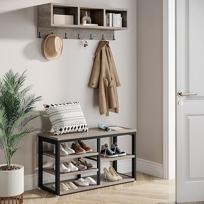 LITTLE TREE Coat Shoe Rack, Hall Tree Entryway Bench Set for Hallway, Living Room, Bedroom, Grey