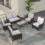COOS BAY Vintage Courtyard Patio Furniture Set, Wicker Outdoor Furniture, Patio Conversation Sets, 2 Chairs, 2 Rocking Chairs, Loveseat, Coffee Table and Side Table, 7 Pieces, Gray/Beige