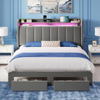 Allewie Velvet Vertical Tufted Queen Upholstered Platform Bed Frame with 2-Tier LED Storage Headboard & 2 Storage Drawers, USB & Type-C Charging Ports, Noise-Free/No Box Spring Needed, Grey
