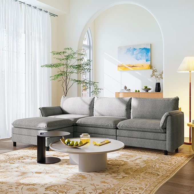 FLEXISPOT SF6 Cloud Sectional Couch for Living Room with Reversible Ottoman, 100.4" L-Shaped Modular Sectional Sofa with Storage, 3-Seater Comfy Sofa Couch for Apartment, Chenille Gray
