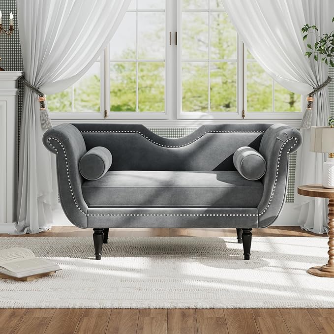 Christopher Knight Home Aurora Velvet Chaise Lounge Indoor with 2 Bolster Pillows, Upholstery Entryway Bench with Nailhead Trim & Curved Arms, End of Bed Bench Ottoman and Wooden Legs, Grey