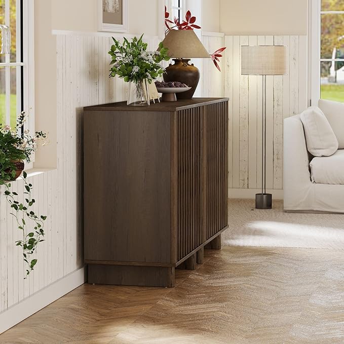 Sideboard Buffet Cabinet with Storage, Walnut Freestanding Floor Cabinet Farmhouse Sideboard with 2 Fluted Doors Wooden Hallway Cabinet Media Console Table Credenza for Living Room Dining Room, 2PCS