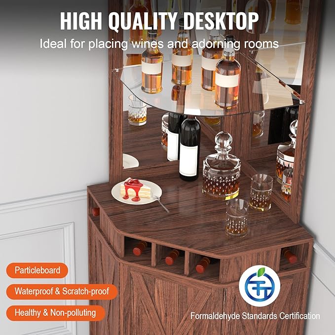 VEVOR Corner Industrial Bar Cabinet, Wine Table for Liquor & Glasses, Sideboard Buffet Cabinet with Glass Holder, Freestanding Farmhouse Wood Coffee Bar Cabinet for Living Room, Home Bar, Black Walnut