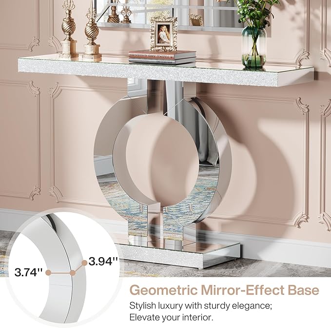 Tribesigns Modern Mirrored Console Table, Glass Sofa Table with Mirror Finish, 43-Inch Entryway Table with O-Shaped Base, Rectangular Accent Foyer Table for Living Room Hallway Entrance (Silver)