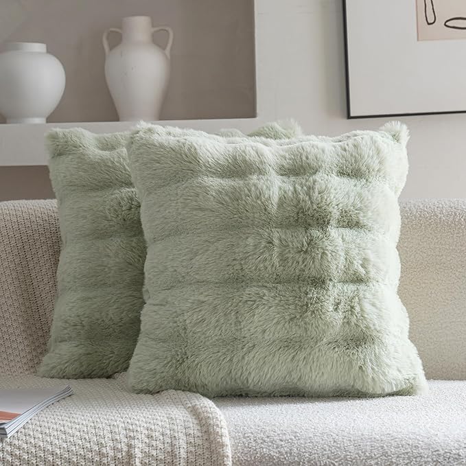 Neelvin Green Faux Fur Cozy Soft Double-Sided Decorative Throw Pillow Covers 18x18 inch Set of 2,Velvet Pillowcase Cushion Case for Sofa Couch