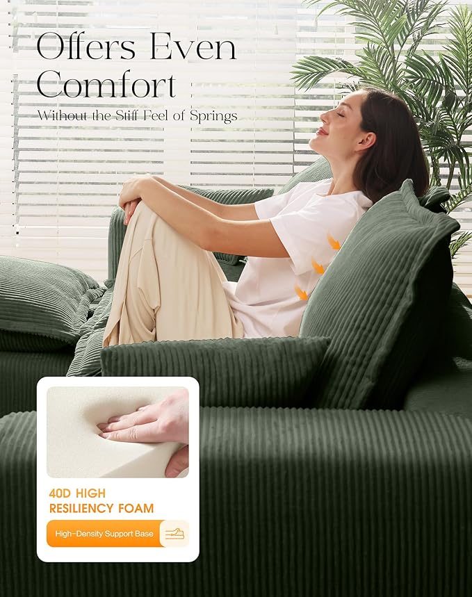 107" Comfy Cloud Couch with L-Shape Chaise & Deep Seat, Modular Sectional Sofa in a Box, Boneless Upholstered Couches for Living Room, No Assembly Required (Soft Corduroy, Green)