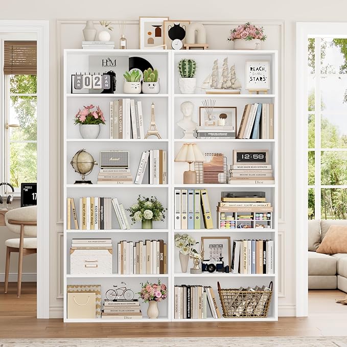 FOTOSOK 70.8" Tall Bookcase Shelf, 6 Tier Wide Bookshelf with Storage, Billy Bookcase Set of 2, Large Bookshelf for Living Room, Home Office, White