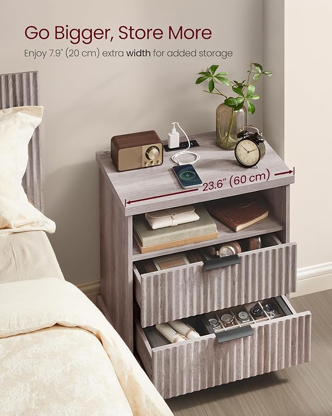 VASAGLE MAXE Collection - Nightstand with Charging Station, Fluted Night Stand, Bedside Table, Mid Century Modern Side End Table, 2 Drawers, 2 AC Outlets, 2 USB Ports, Washed Gray ULET626G01S