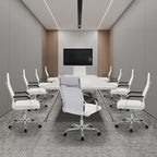 Office Chair, Ergonomic Executive Conference Room Chairs, Ribbed Leather Desk Chair with Lumbar Support, Adjustable Height Mid-Back Swivel Chair (Square Tube Armrests, White)